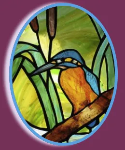 Stained glass panels showcasing floral, landscape, and wildlife motifs with intricate details