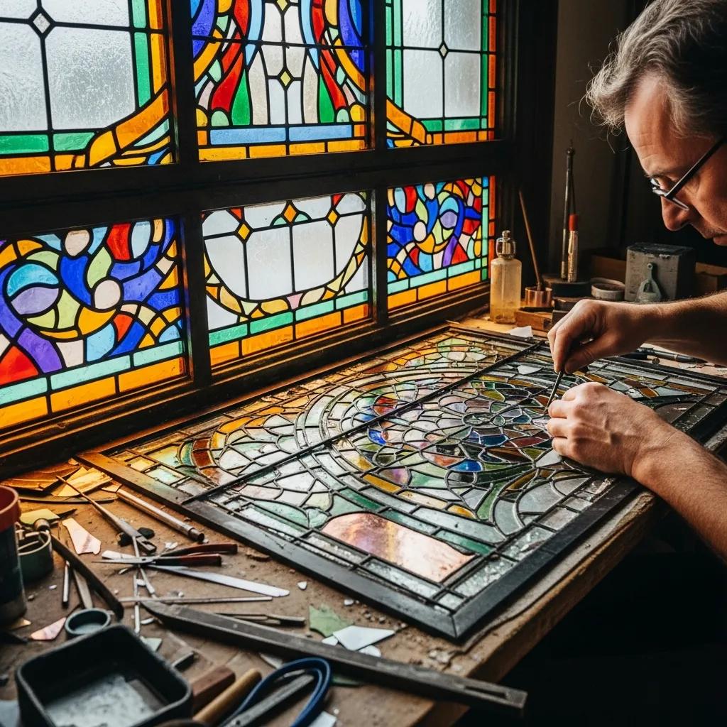 Artisan repairing a stained glass window, showcasing vibrant colors and craftsmanship