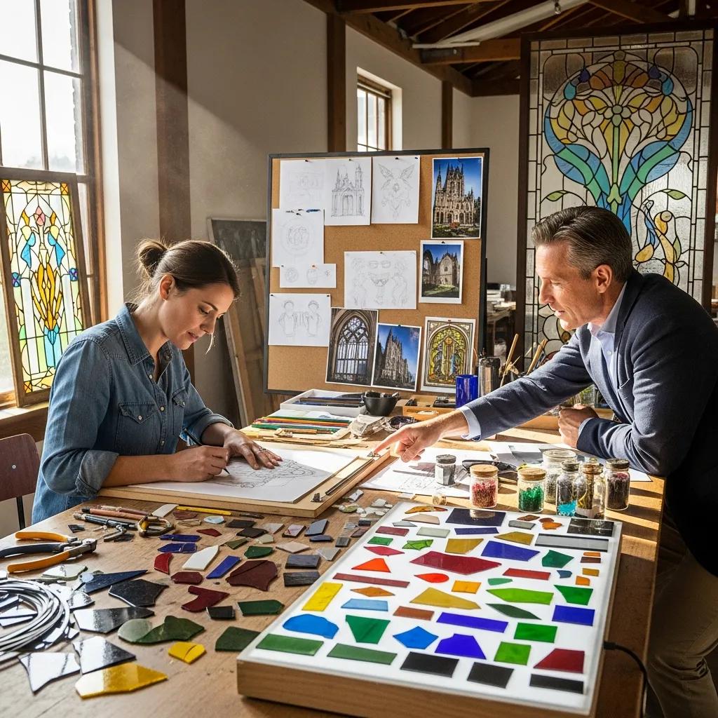Artist sketching stained glass designs with glass samples and tools in a creative workspace